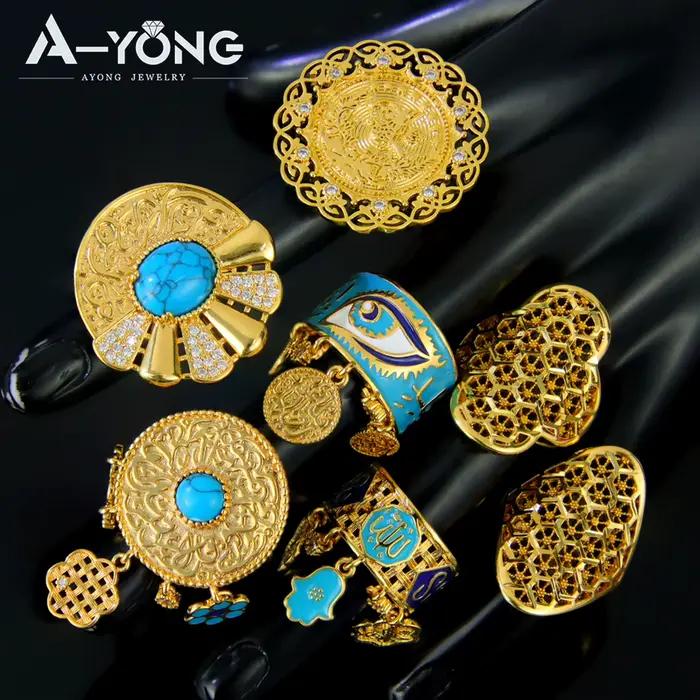 Bague de mariée plaquée or éthiopien, bijoux de mariée plaqués or 21 carats, zircone brésilienne, Turquoise, dubaï, bijoux de fête Vintage pour femmes