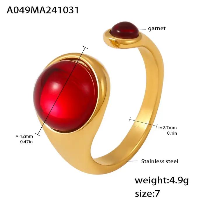 Bagues rondes en acier inoxydable plaqué or grenat rouge pour femme, breloque étanche, cadeau de bijoux de luxe, vente en gros