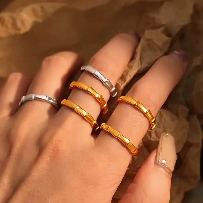 Bague en forme de bambou en acier inoxydable, plaqué or 18 carats, étanche, ne ternit pas, anneau empilable pour femmes