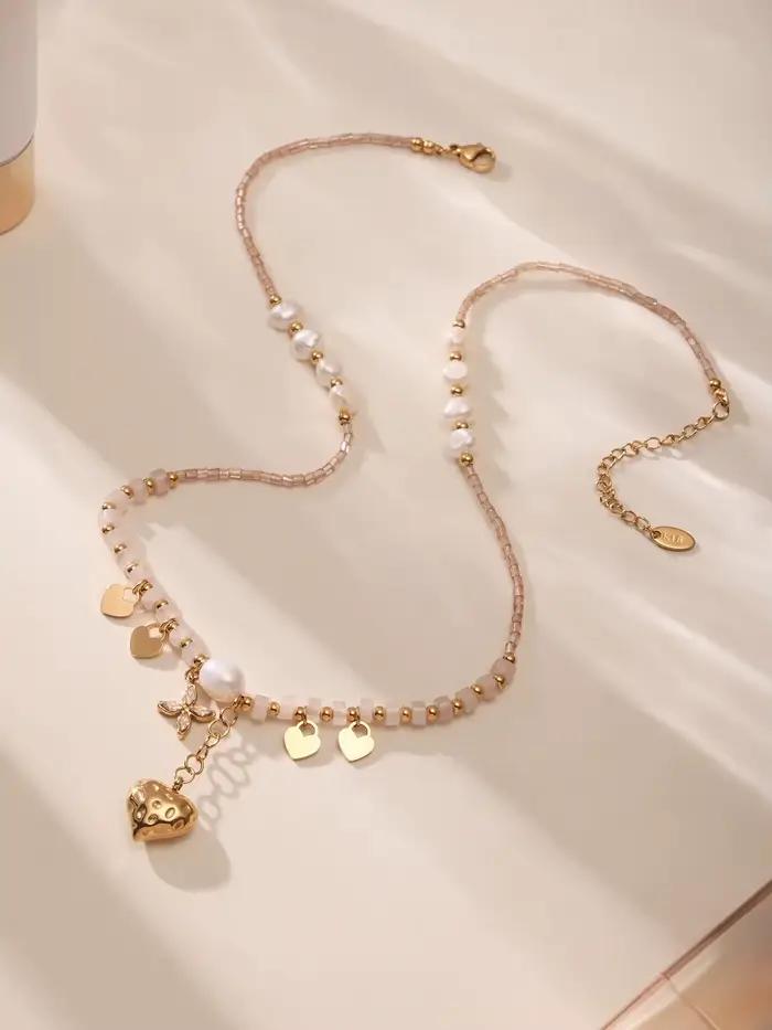 Collier pendentif coeur d'amour pour femmes, en acier inoxydable plaqué or avec perle d'eau douce, bijoux de luxe pour Banquet, charmant