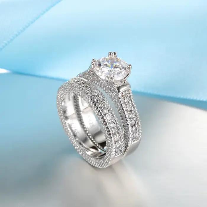 Ensemble de bagues de fiançailles de mariage élégantes, accessoire d'anniversaire de couleur argent Sterling 925 avec pierre de Zircon Cubiz entièrement brillante