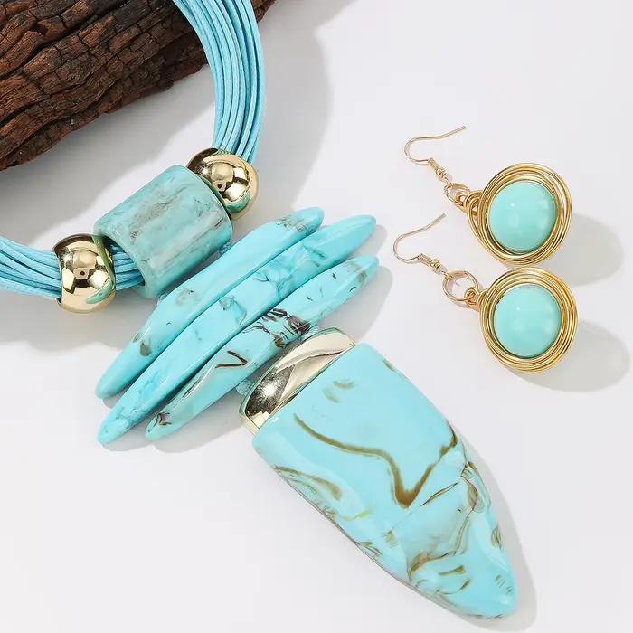 Ensemble de bijoux occidentaux tendance, collier et boucles d'oreilles fantaisie en imitation turquoise et corde cirée, accessoires de fête pour femmes