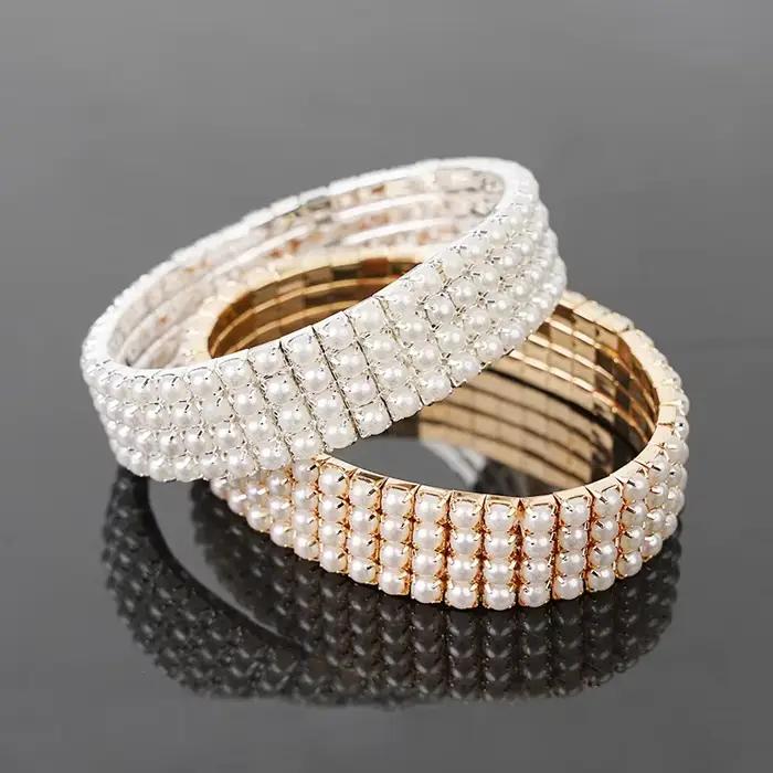 Bracelets classiques à 4 rangées de perles pour femmes, bracelets élastiques pour patients de mariage, bijoux en or et argent