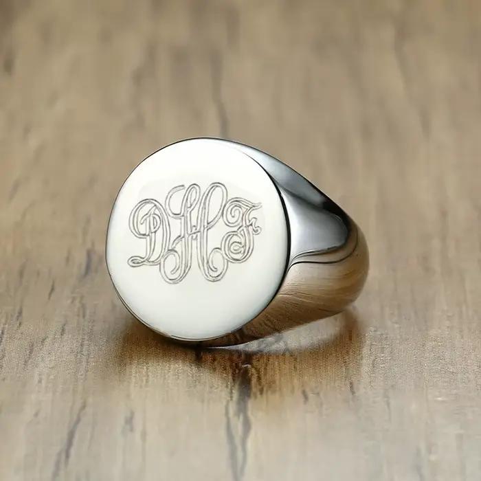 Bagues personnalisées pour hommes, chevalière ronde en acier inoxydable avec nom de Photo, bijoux personnalisés pour hommes