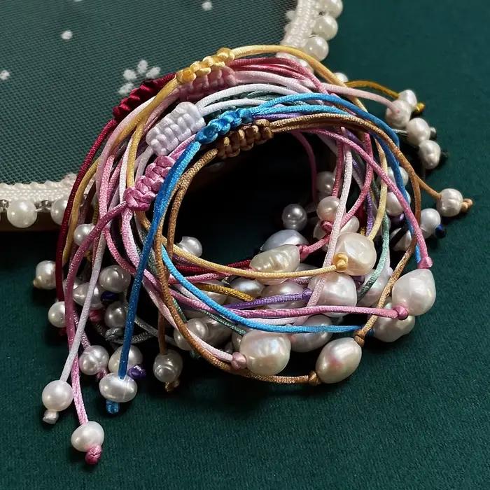 Bracelet de Perles d'Eau Douce Naturelles pour Femme et Fille, Corde Rouge et Noire Irrégulière, Grande Perle Baroque, Breloque Chia, Boho