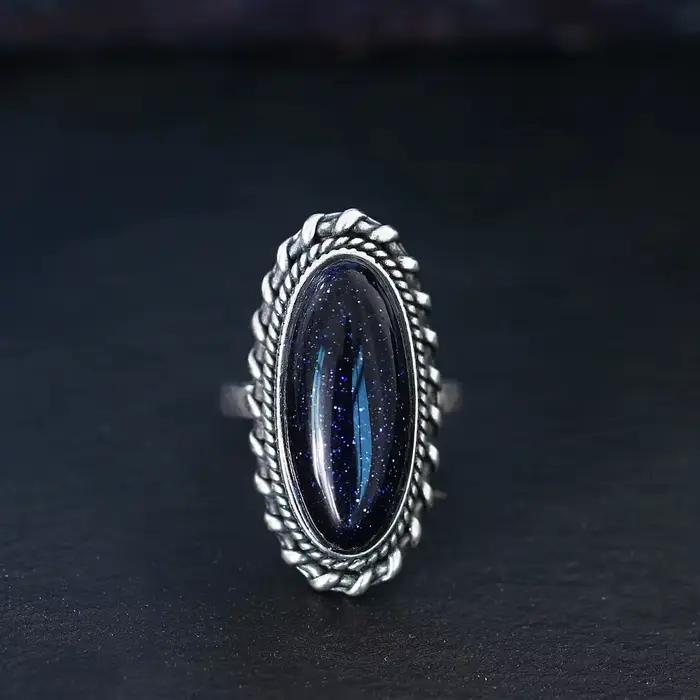 Bague rétro en argent, bijoux Vintage en pierre de grès bleue, grande pierre de luxe élégante, cadeau fin pour femmes et hommes