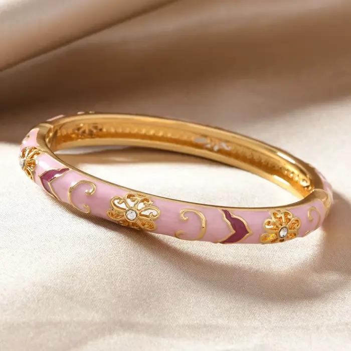 Bracelet manchette de luxe style ethnique doré avec fleurs émaillées multicolores et zircons pour femme, bijou bohème, cadeau de mariée