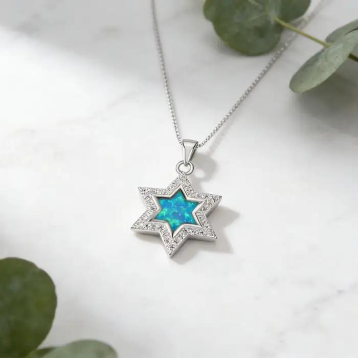 Collier étoile de David, pendentif minimaliste délicat avec opale bleue et CZ, cadeau de bijoux unique pour femmes, bijoux juifs couleur argent