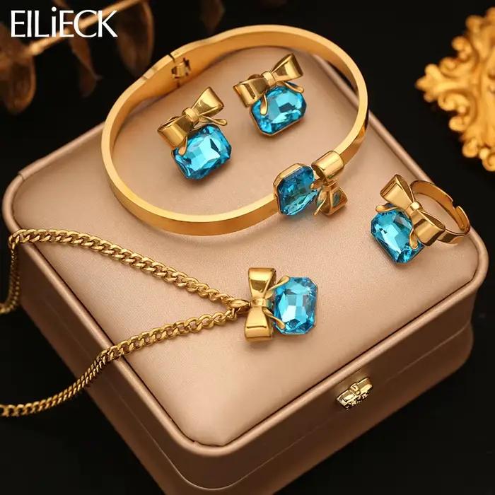 EILIECK – collier carré à nœud papillon en acier inoxydable, cristal bleu délicat, zircone, boucles d'oreilles, bague, bijoux quotidiens pour femmes, Gala
