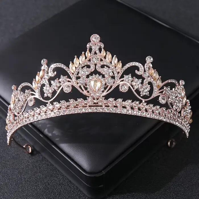 Diadèmes et couronnes en cristal couleur or Rose, strass, diadème de princesse de bal, accessoires pour cheveux de mariée, bijoux couronne diadème