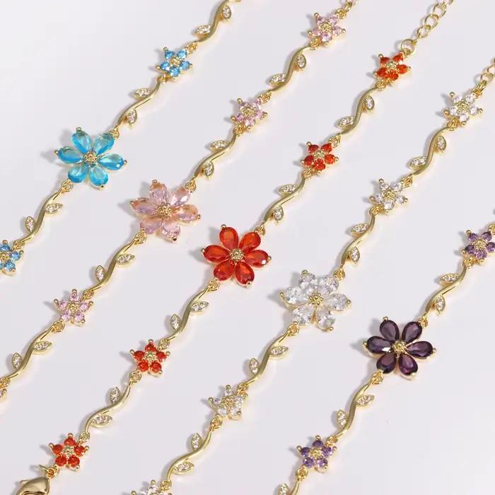 Bracelet élégant en Zircon pour femmes, violet, rose, bleu, fleurs, Y2K, doux, nœud pour filles, bijoux de luxe de styliste, cadeau