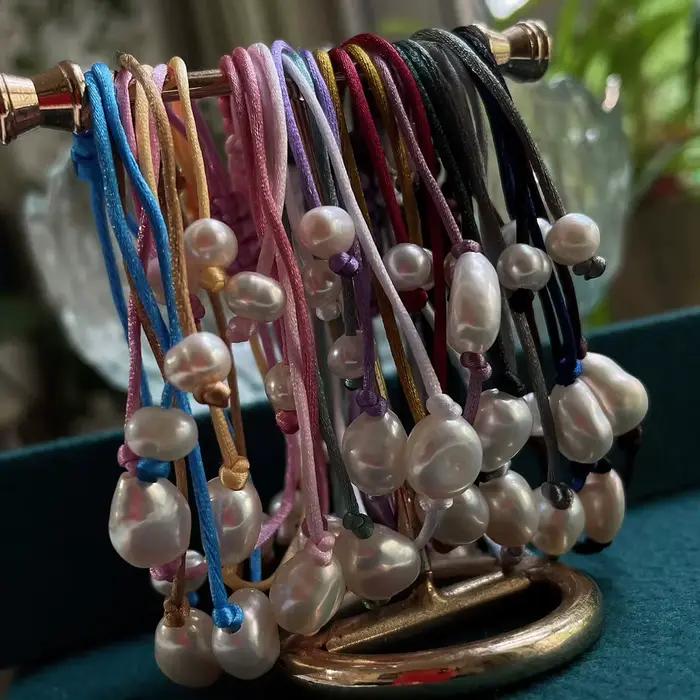 Bracelet de Perles d'Eau Douce Naturelles pour Femme et Fille, Corde Rouge et Noire Irrégulière, Grande Perle Baroque, Breloque Chia, Boho