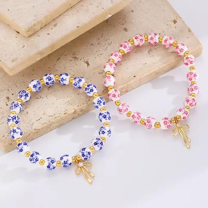 Bracelet en céramique avec nœud fait à la main, bleu et blanc, corde élastique réglable chinoise, pendentif pour fille à la mode, accessoires cadeau