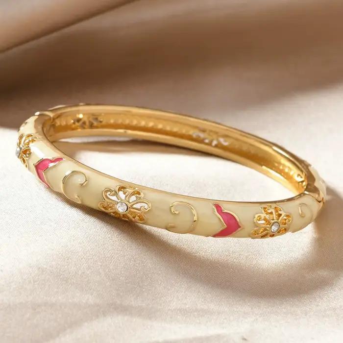 Bracelet manchette de luxe style ethnique doré avec fleurs émaillées multicolores et zircons pour femme, bijou bohème, cadeau de mariée