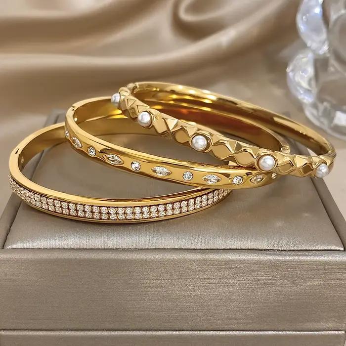 Greatera – Bracelet ovale en strass doré, à la mode, deux rangées de diamants incrustés de perles en acier inoxydable pour femmes, nouveau