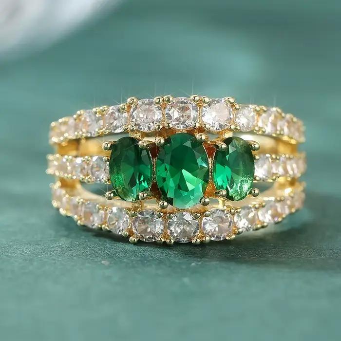 Bague dorée de style vintage incrustée de zircone synthétique verte pour femme, bijou élégant pour les fêtes et célébrations