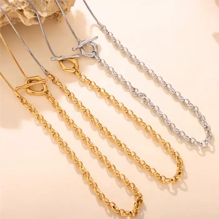 Collier Long réglable bicolore en acier inoxydable pour femmes, 80cm, couleur or argent 18 carats, boucle OT, chaîne de pull pour femmes