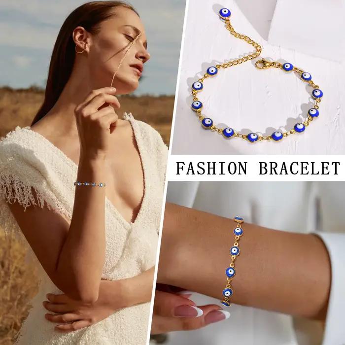 Bracelet Mauvais Œil en Acier Inoxydable, Bijoux Amulette de Protection, Lien Réglable Empilable, JOBlue