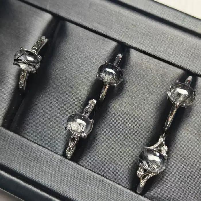 Vente en gros de quartz rutilé noir naturel ovale, divers types, design de bague tendance et polyvalent, simple et élégant, cadeau idéal
