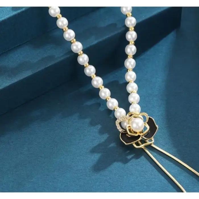 Chaîne de pull Rose en cuivre pour femmes, Imitation de perles, mode, Long collier polyvalent, bijoux à breloques réglables