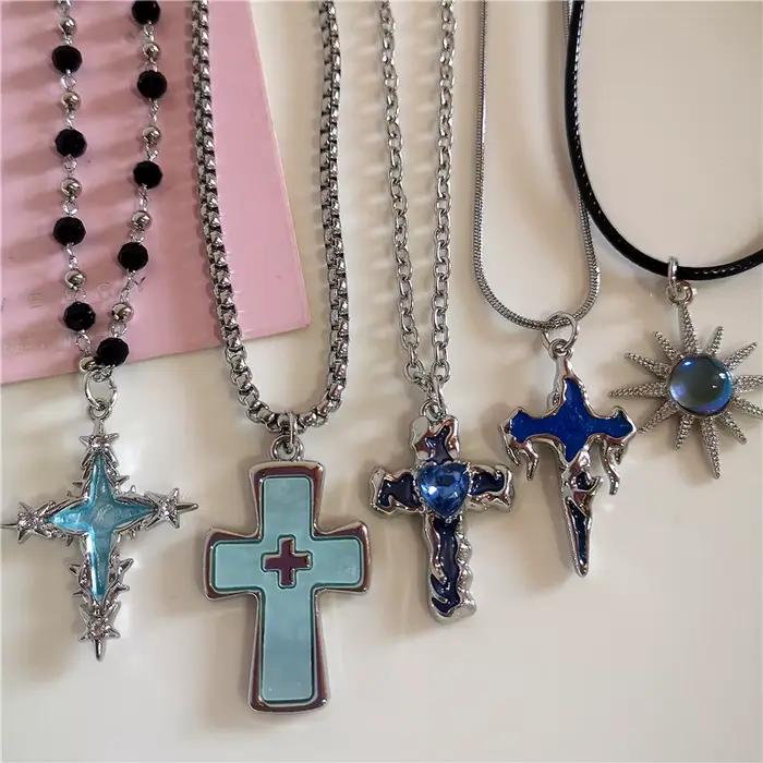 Collier gothique avec pendentif croix bleue, chaîne de couleur argent pour femmes et hommes, breloques Punk Y2K, accessoires bijoux Hip Hop