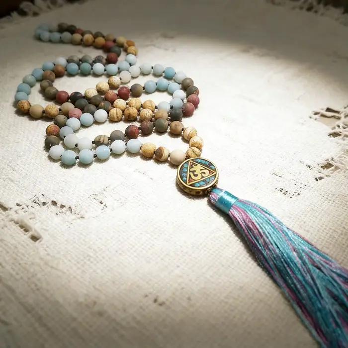 Bracelets bouddhistes à pampilles, Amazonites naturelles, jaspe Picasso, image de Jaspers, perles mates nouées à la main, bijoux de perles de prière 108