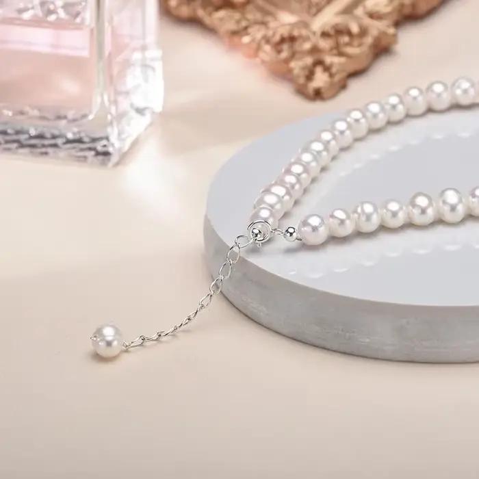 Collier de perles de culture d'eau douce 6-7mm, collier de vrais colliers de perles ras de cou, colliers de perles en argent Sterling pour femmes, vente en gros