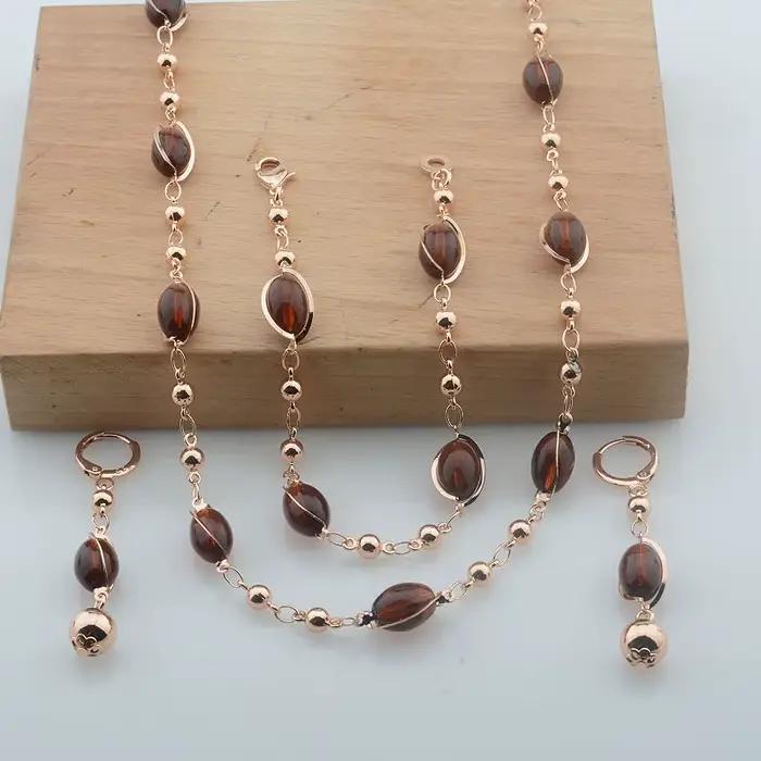 Femmes dames 585 couleur or Rose marron vert perle Bracelet collier boucles d'oreilles ensemble bijoux