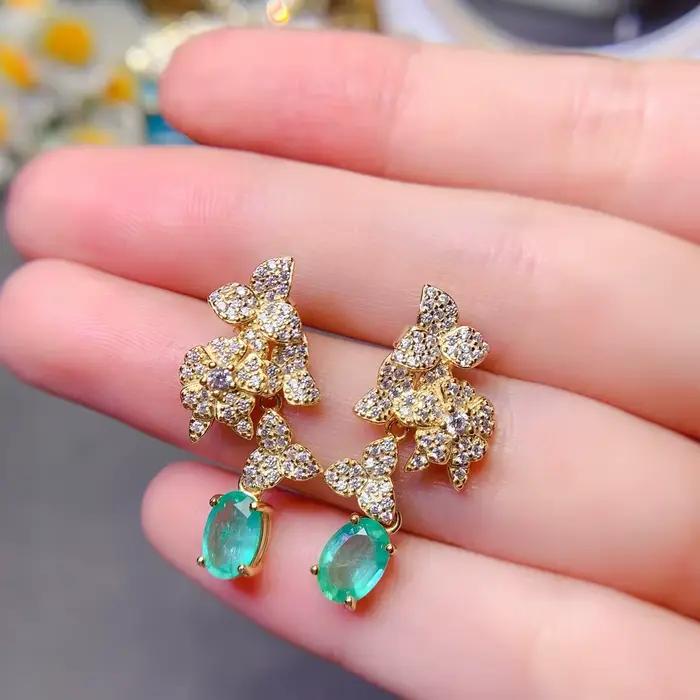 Magnifiques boucles d'oreilles en argent sterling S925, émeraude véritable, bijoux avant à la mode pour son grand cadeau pour les anniversaires et les vacances