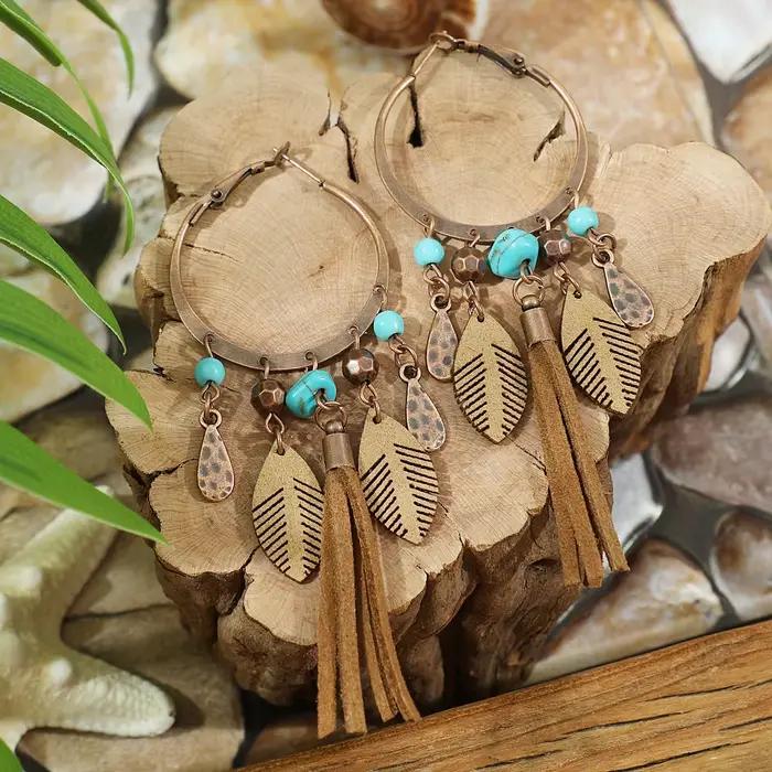 Boucles d'oreilles pendantes vintage bohèmes géométriques marron pour femme, bijoux ethniques tendance avec fleurs et pampilles en forme de goutte d'eau