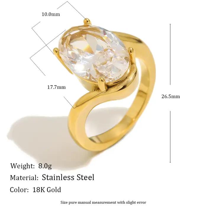 Bague ovale en acier inoxydable plaqué or avec cristal, grande bague solitaire pour femme, bijoux de mode