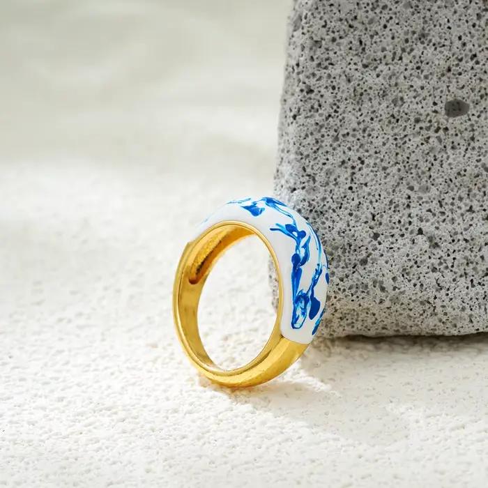 Bague statement en émail bleu et blanc pour femmes, vintage, large, couleur or, cercle, bague de doigt, étanche, bijoux vintage, cadeaux