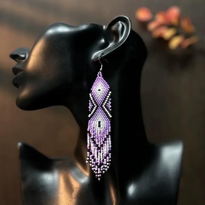 Boucles d'oreilles à perles de verre faites à la main, longues franges perlées, colorées, style ethnique, bijoux vintage, boucles d'oreilles de festival
