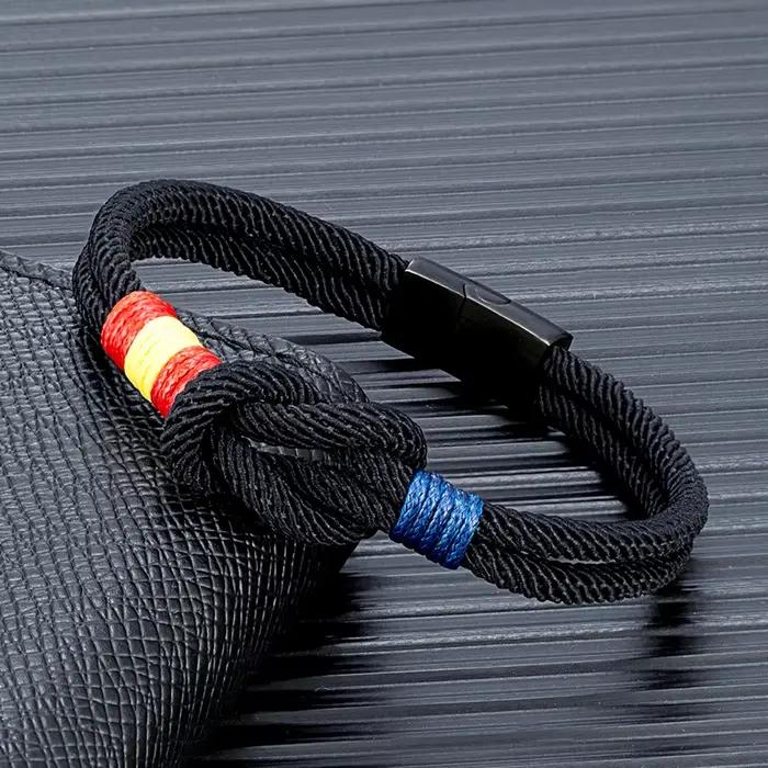 Bracelet drapeau espagnol – Corde double couche tissée à la main avec boucle magnétique en acier inoxydable noir, bijoux de couple pour hommes et femmes