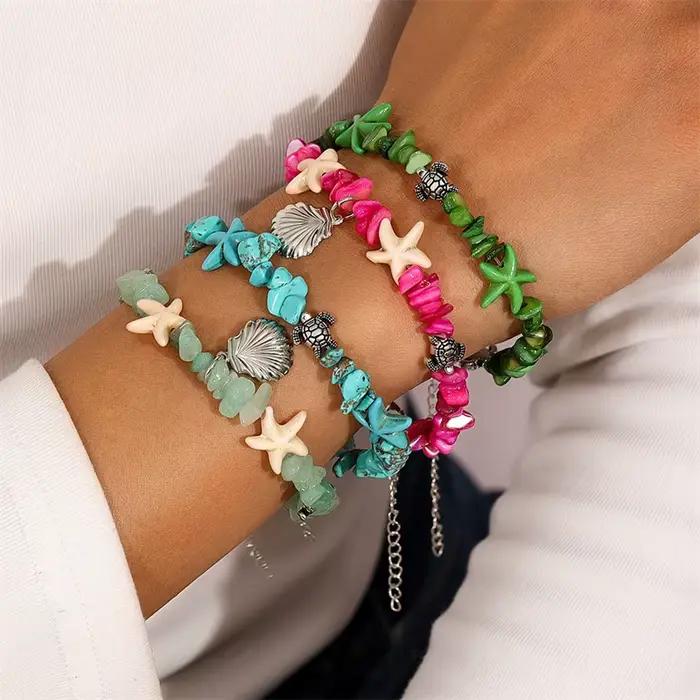Bracelet Bohème Fait Main avec Perles pour Femme, Breloques Coquillages et Étoiles de Mer, Bijoux d'Été pour Filles, Cadeaux de Vacances à la Plage