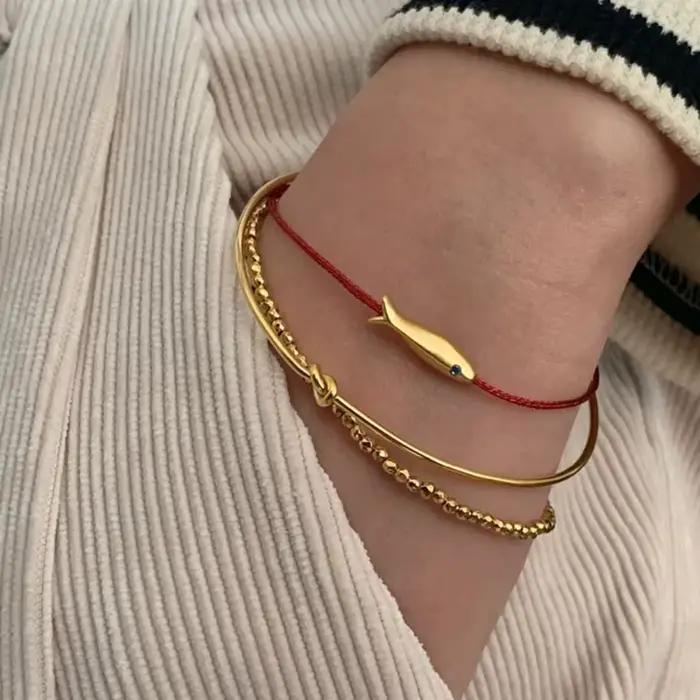 Bracelet poisson réglable pour femme, bijoux ethniques minimalistes faits à la main, ficelle rouge, bleu mignon, cadeau