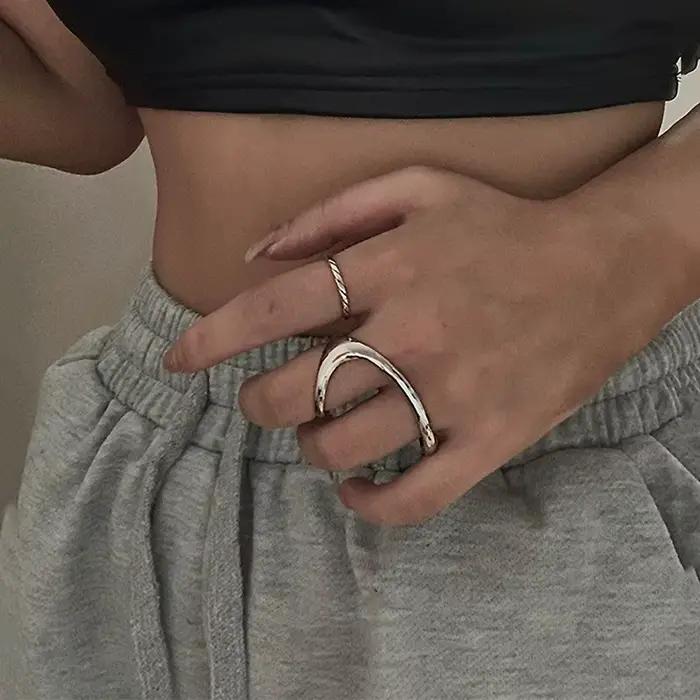 Bague ouverte en argent 925 poli, 2 doigts, 1 taille, Punk géométrique pour femmes et filles, bijoux cadeau, livraison directe, vente en gros, nouvelle mode