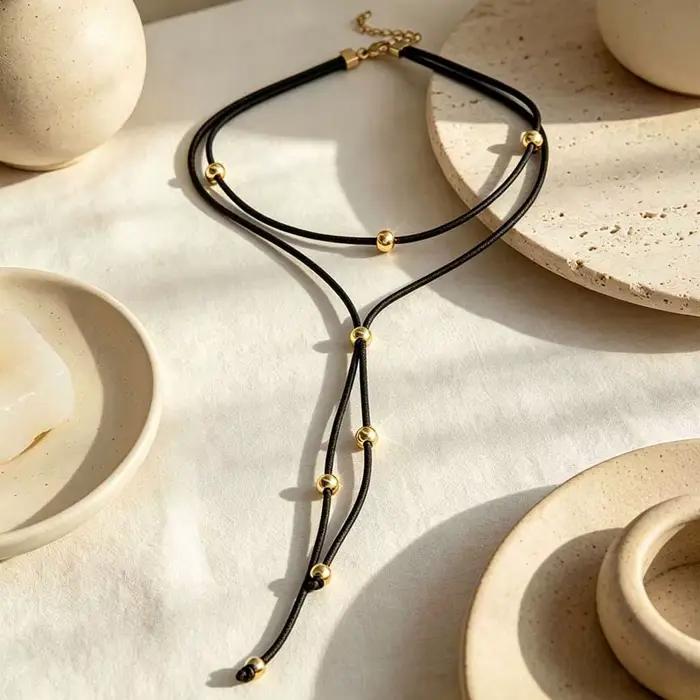 Collier pendentif nœud papillon en corde noire vintage pour femme, élégant, en métal perlé, long et réglable, accessoires de bijoux