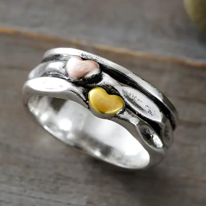 Bague double cœur Huitan pour femme, couleur argent antique, style vintage, bijoux hip-hop pour tous les jours et les fêtes, livraison directe