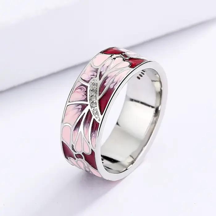 Bagues élégantes pour femmes, bague pêche rose, bijoux de fête de mariage, fleur classique, bague en émail faite à la main