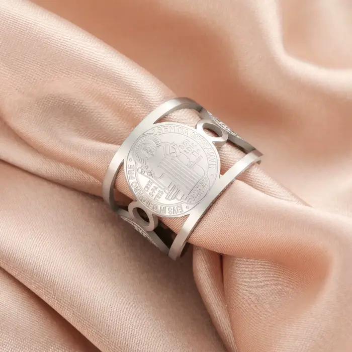Skyrim Saint benoît de Nursia bague en acier inoxydable couleur or bague saint chrétien bijoux religieux cadeau pour hommes femmes