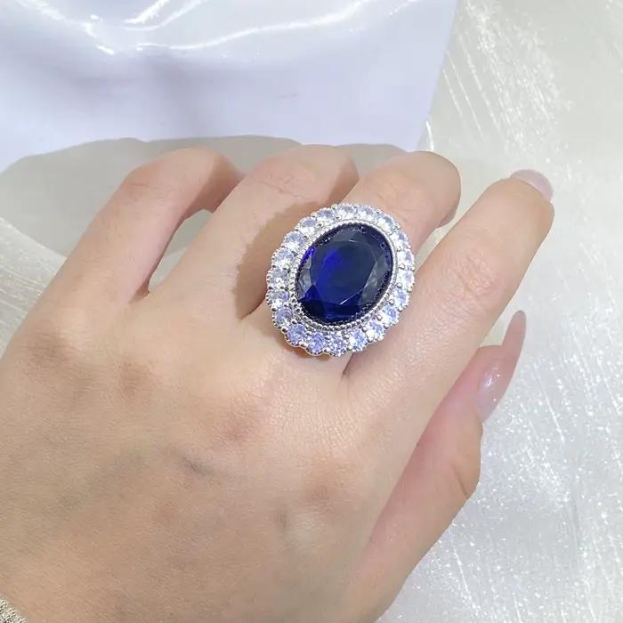 Bague de couple en diamant plaqué argent pour femme, saphir dominateur, grand nar, bleu foncé, géométrique, cadeau de bijoux pour les travailleurs, nouveau