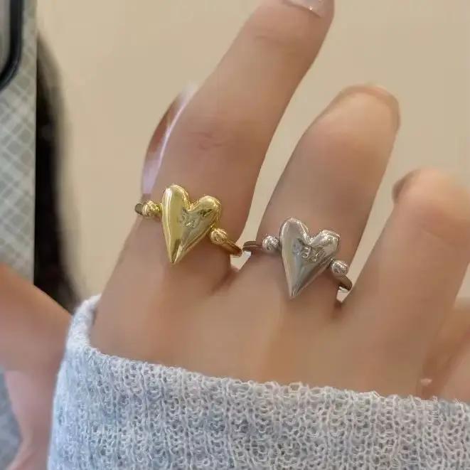 Bague en forme de cœur rotative lisse pour femmes et hommes, Vintage, oui ou sans lettre, bagues réglables, Design de Niche, accessoire de bijoux pour Couple