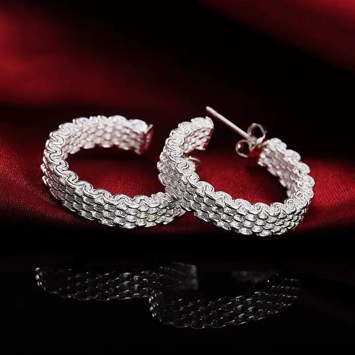 Boucles d'oreilles en argent Sterling 925, boucles d'oreilles en maille à la mode, cadeaux de bijoux pour les fêtes pour femmes