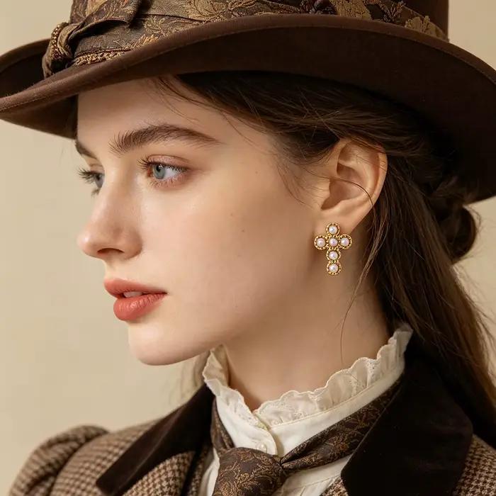 Boucles d'oreilles croix religieuse pour femmes, en acier inoxydable, perles simulées, plaqué or, bijoux de fête tendance pour femme E26082