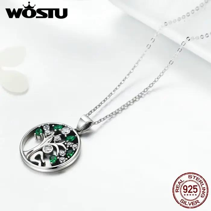 WOSTU Collier Arbre de Vie en argent sterling 925 véritable, pendentif rond en zircone cubique verte, bijoux Arbre de Famille, cadeau pour elle