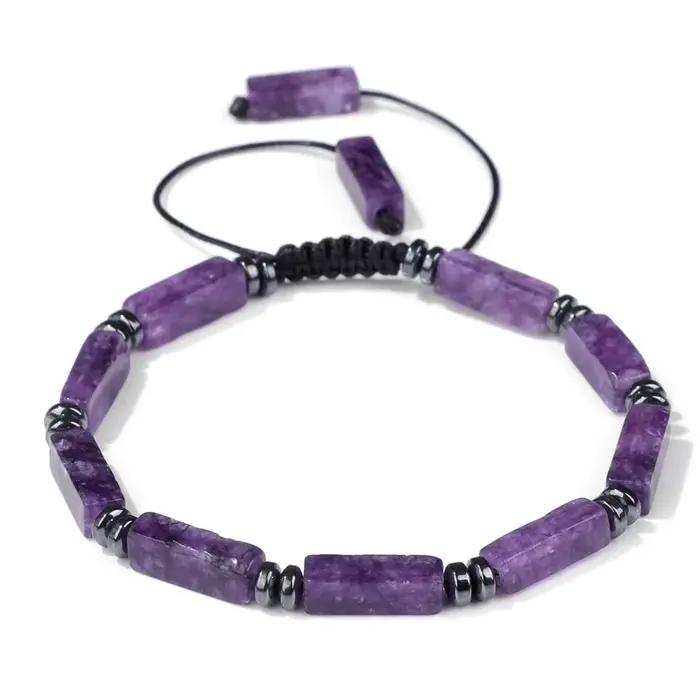 Bracelets de perles rectangulaires d'agates indiennes naturelles pour femmes et hommes, améthystes, corde tressée à la main, bijoux réglables