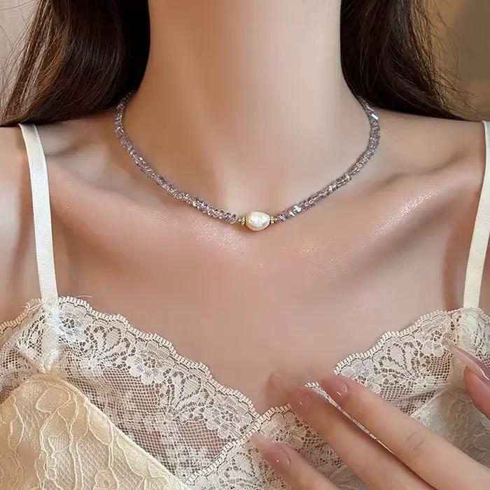 Collier de perles d'eau douce élégantes pour femmes, bijoux féminins remplis d'or 14 carats, perle et cristal naturels, cadeaux bon marché, nouvelle arrivée