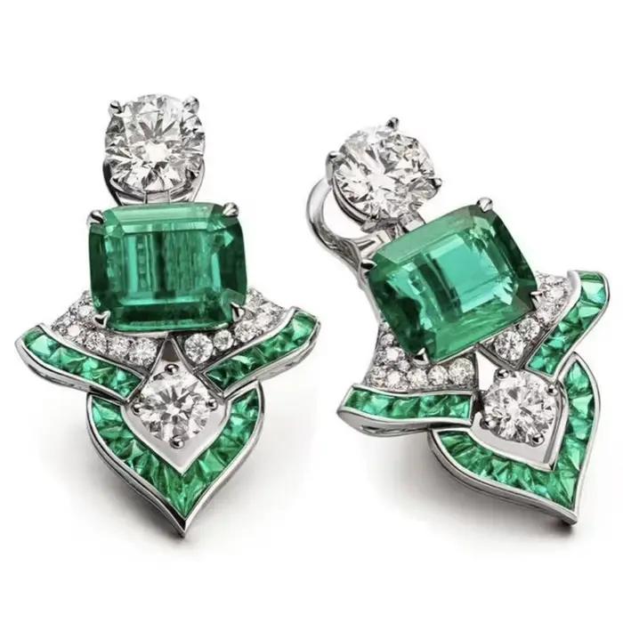 Boucles d'oreilles en argent sterling 925 serties d'émeraudes et pierre latérale naturelle pour femmes et hommes occasions spéciales partys soirées formelles