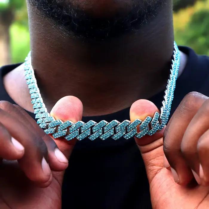 Collier chaîne cubaine pour hommes et femmes, chaîne à maillons sertie de strass bleus, bijoux hip-hop bling-bling